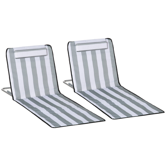 Foldable Garden Beach Chair Mat with Adjustable Back - Lightweight, Metal Frame, PE Fabric, Head Pillow, Set of 2, Light Grey - Perfect for Outdoor Lounging and Sunbathing