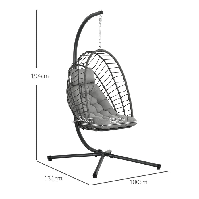 Foldable Rattan Swing Chair with Cushion - Durable Outdoor Patio Hanging Egg Chair with Metal Stand and Headrest - Comfortable Lounging for Deck, Garden or Balcony