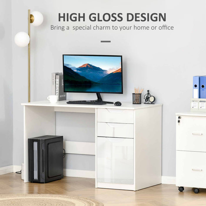 Modern High Gloss Writing Desk - Computer Workstation with Drawers & Storage Cabinet - Ideal for Home Office and Study Use