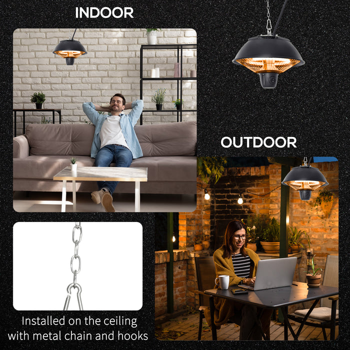 600W Electric Ceiling Heater - Halogen Light with Adjustable Hook & Chain, Durable Black Aluminum Frame - Ideal for Indoor Heating and Ambient Lighting