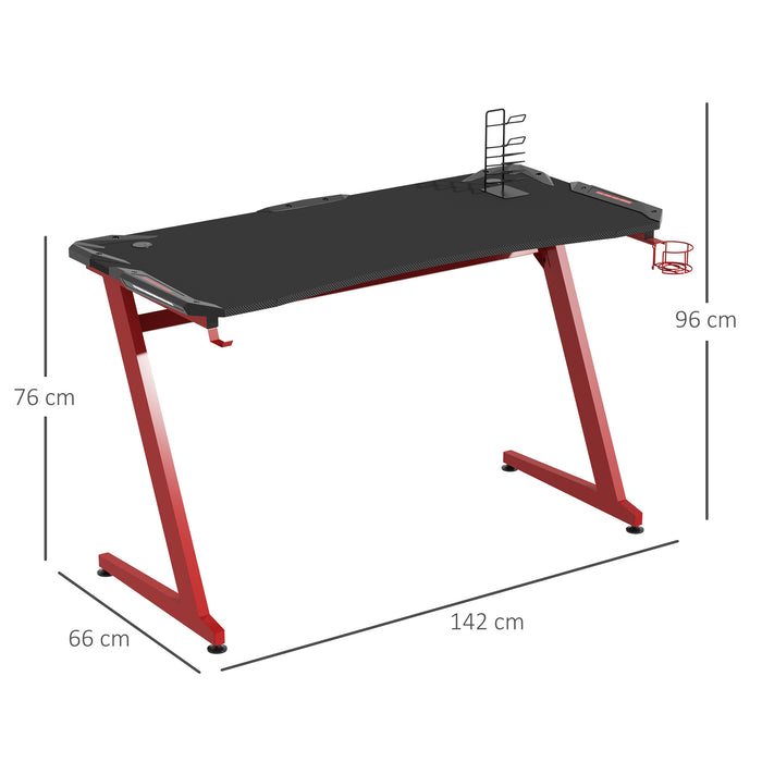 Ergonomic Gaming Desk with Accessories - Home Office Racer-Style Workstation with Headphone Hook and Cup Holder, 142x66x96cm - Ideal for Gamers and Remote Workers, Black and Red