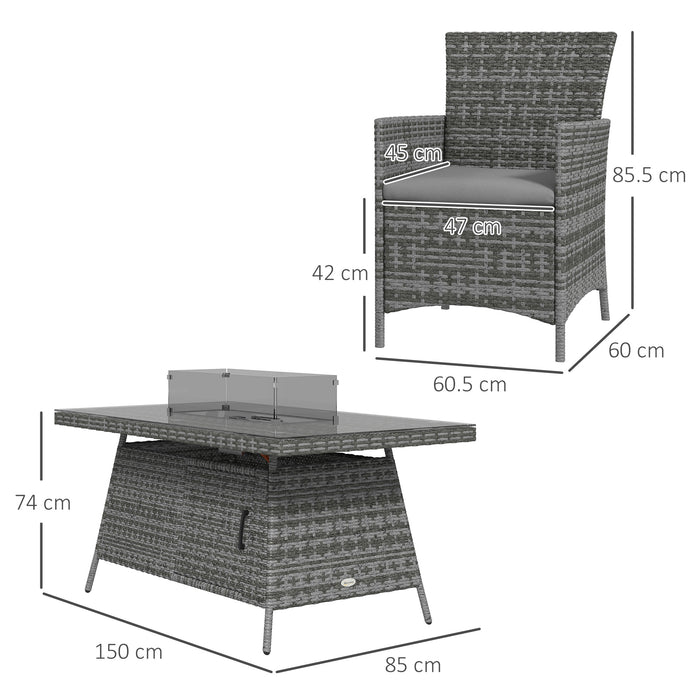 7 Pcs PE Rattan Dining Set with Fire Pit Table - Outdoor Garden Furniture Set with Heater, Armchairs, and Cushions - Perfect for Patio Entertainment and Warm Evenings