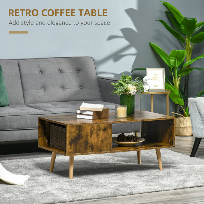 Open Shelf Coffee Table - Retro Cocktail Table with Solid Wood Legs, Rustic Brown Finish - Stylish Living Room Furniture with Storage Space