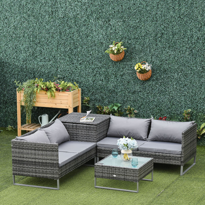 Outdoor Rattan Wicker Patio Set - 4-Piece Corner Sofa, Love Seat & Table Combo with Cushions in Mixed Grey - Ideal for Garden and Entertainment Spaces