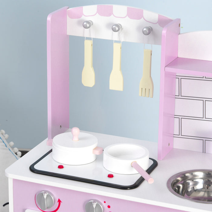 Wooden Kids Play Kitchen Set with Cooking Sounds - Complete Pretend Playset with Utensils, Pans, and Storage - Ideal for Children's Role Play and Learning, Age 3+, in Pink