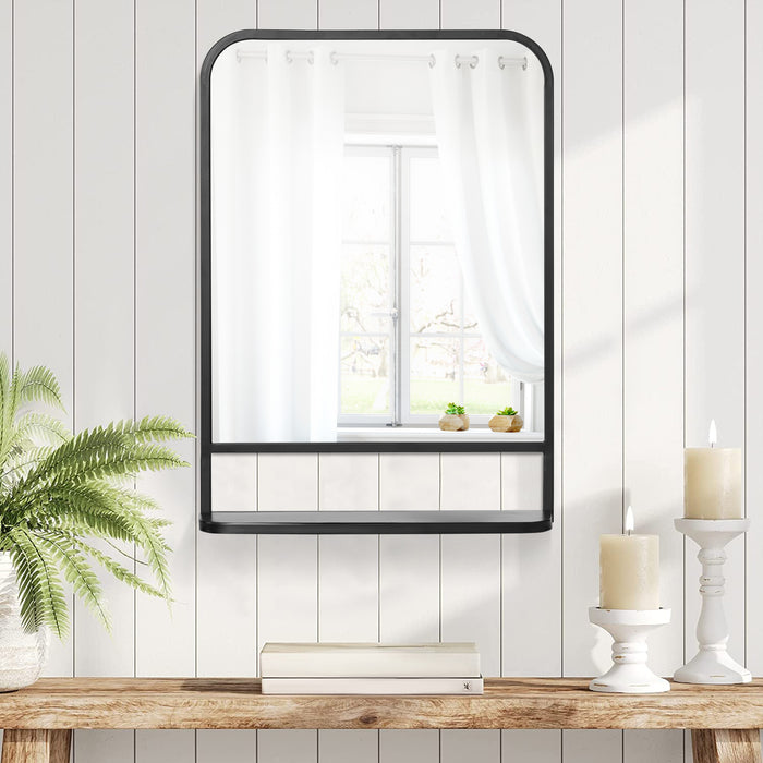 Modern Square Wall Mirror with Shelf - 70x50cm Reflective Surface, Storage Solution - Ideal for Living Room & Bedroom Decor, Sleek Black Finish