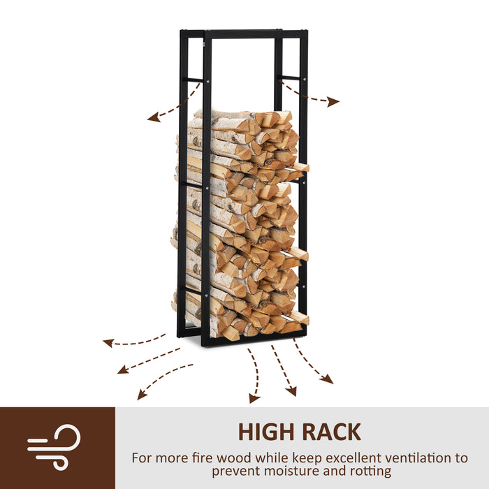 Tall Metal Firewood Rack - Indoor/Outdoor Fireplace Wood Storage Shelf, Black - Keeps Logs Neatly Stacked & Accessible, 60Wx25Dx150H cm