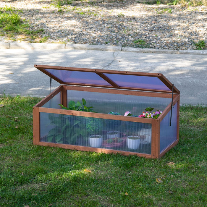 Polycarbonate Cold Frame Greenhouse with Wooden Frame - Openable & Tilted Top, Outdoor Plant Protection, Brown (100x65x40 cm) - Ideal for Gardeners & Seedling Growth