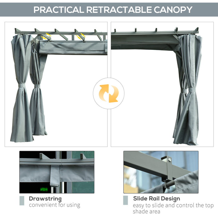 Outdoor Pergola Gazebo with Retractable Canopy 3.6 x 3m - Aluminum Garden Shelter with Sun Shade and Curtains in Dark Grey - Ideal for Parties and Outdoor Relaxation