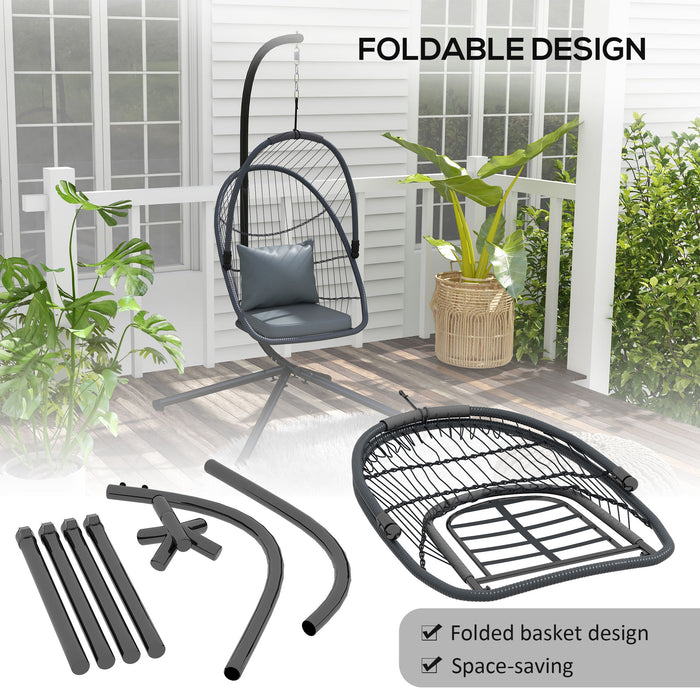 PE Rattan Swing Chair with Cushion - Foldable Patio Hanging Chair with 360° Spring Hook and Height Adjustable Chain - Ideal for Outdoor Relaxation and Comfort