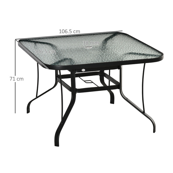 Tempered Glass Square Garden Table with Umbrella Insert - Durable Steel Framed Outdoor Dining Table with Parasol Hole - Perfect for Patio, Lawn, or Garden Entertaining