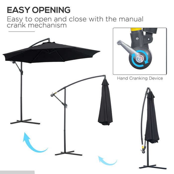 Garden Cantilever Parasol Umbrella with Crank & Tilt - 3m Patio Banana Hanging Sun Shade, 8 Ribs, Cross Base in Black - Ideal for Outdoor Relaxation and UV Protection