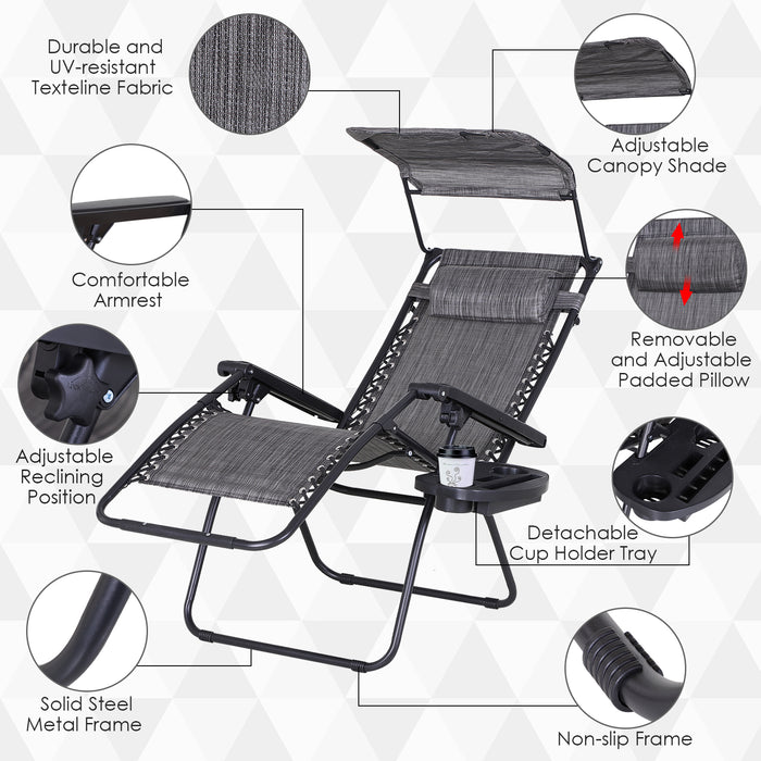 Zero Gravity Recliner with Cup Holder and Canopy Shade - Outdoor Folding Patio Sun Lounger - Ideal for Garden Deck Relaxation and Comfort