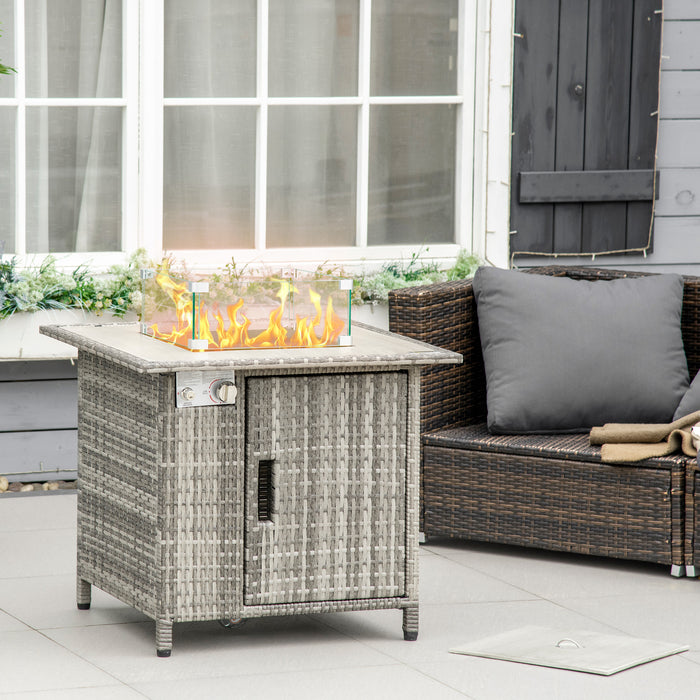 Outdoor Gas Fire Pit Table with PE Rattan Design - 50,000 BTU Propane Heater, Patio Square with Rain Cover, Glass Windscreen & Lava Stone, Grey - Ideal for Cozy Evenings & Entertaining Guests