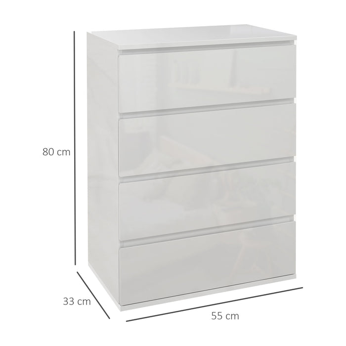 High Gloss 4-Drawer Chest - Modern White Dresser with Spacious Storage - Ideal for Bedroom Organization