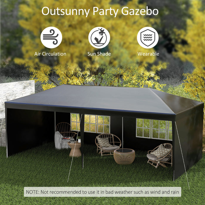 Outdoor Party Tent Gazebo - 6x3m Marquee with Windows & Side Panels, Patio Canopy Shelter - Ideal for Gatherings & Events, Black