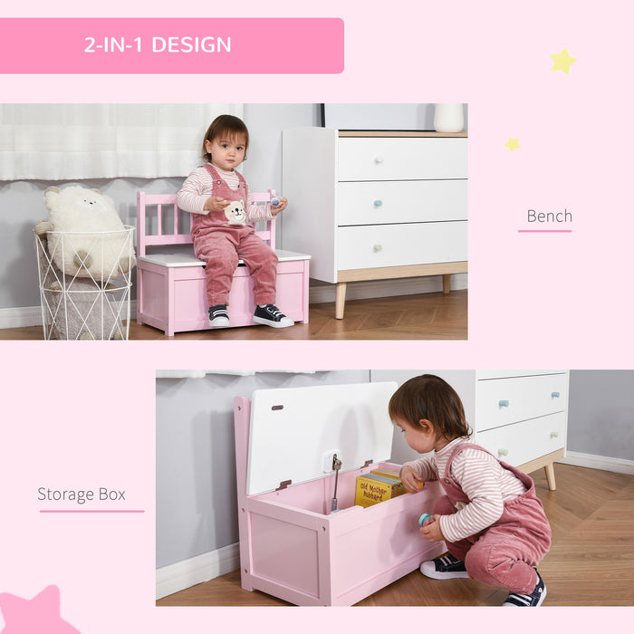 Kids' Wooden Toy Box with Seating - 2-in-1 Storage Chest and Bench with Safety Pneumatic Rod, 60x30x50cm, Pink - Ideal Space-Saving Organizer for Children's Playrooms