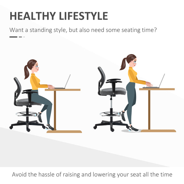 Adjustable Tall Drafting Chair with Footrest Ring - Ergonomic Fabric Chair for Standing Desks with Swivel Wheels, Armrests, Grey - Ideal for Designers and Architects