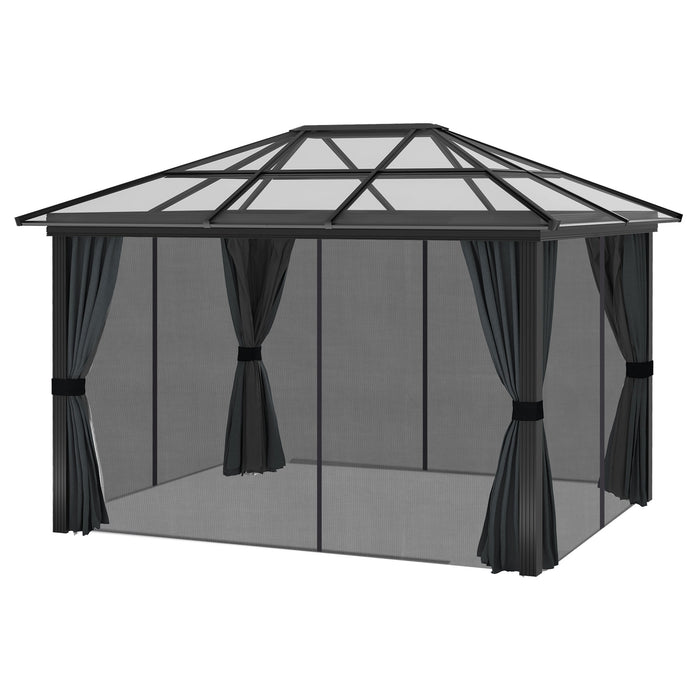 Hardtop Gazebo 3 x 3.6m - UV Resistant Polycarbonate Roof, Aluminium Frame, Garden Pavilion - Includes Mosquito Netting and Curtains for Outdoor Relaxation and Entertaining