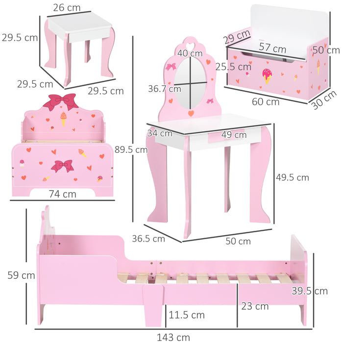 Princess-Themed 4-Piece Bedroom Set - Includes Bed, Toy Box Bench, Dressing Table & Stool - Perfect for Ages 3-6, Adorable Pink Design