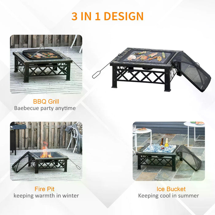 3-in-1 Square Fire Pit with BBQ Grill - Durable Metal Brazier for Garden & Patio, Includes Spark Screen, Grate & Poker - Ideal for Outdoor Heating and Cooking, 76cm x 76cm x 47cm