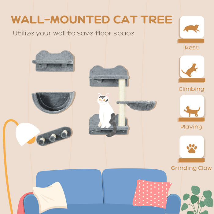 Wall-Mounted Cat Shelving System - Includes Scratching Post, Cozy Hammock & Nest in Grey and Cream - Perfect for Feline Play and Rest