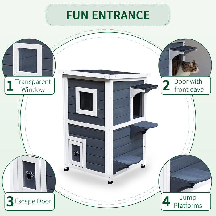 Solid Wood 2-Floor Cat Condo - Cozy Kitten Shelter with Viewing Window - Ideal for Indoor Cat Privacy and Play