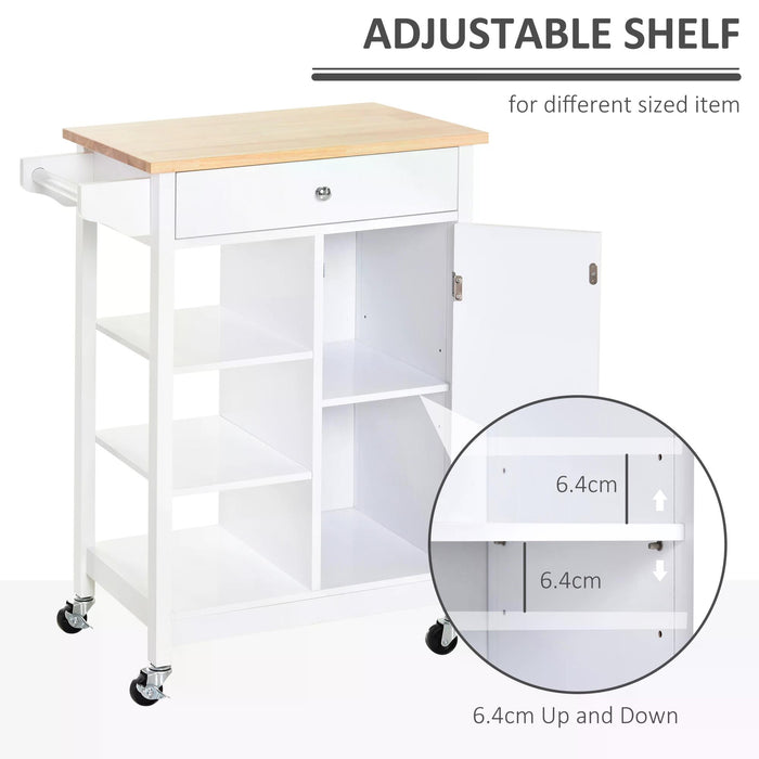 Kitchen Storage Trolley with Wooden Top - 3-Tier Shelving, Cupboard, Drawer, and Towel Rail on 4 Casters - Space-Saving, Mobile Organizer for Home Chefs