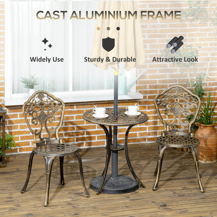 Cast Aluminium Bistro Set - 3-Piece Outdoor Furniture with Parasol Hole, Includes Round Coffee Table and 2 Armless Chairs - Ideal for Garden and Patio Entertainment