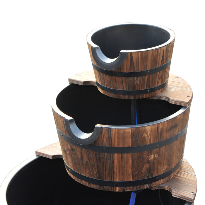 Rustic Wooden Barrel Water Fountain - 3-Tier Cascading Pump Feature for Garden and Deck - Enhances Outdoor Ambiance