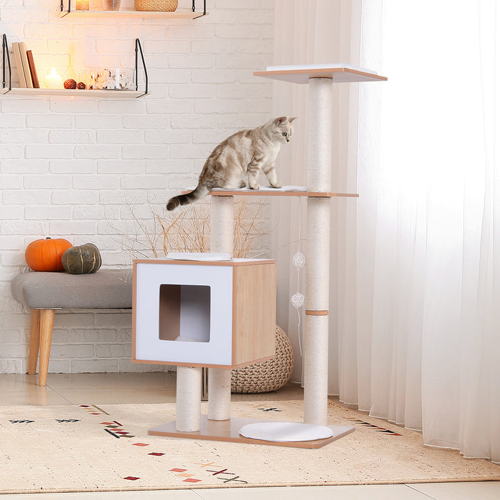 Wooden Cat Tree with Scratching Post - Indoor Kitten Activity Center, Condo House, Cushion & Hanging Toy - Multi-Level Play & Rest Area for Cats