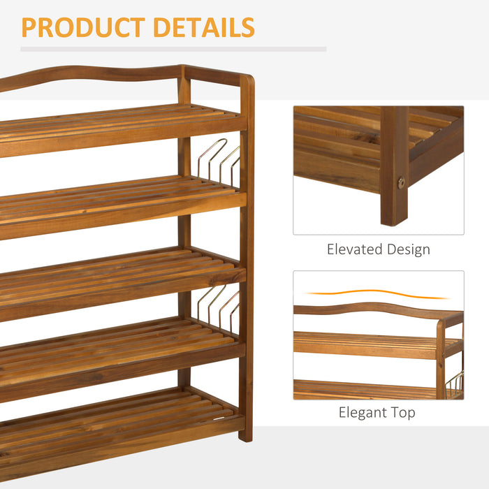 Acacia 5-Tier Shoe Rack - Wooden Shoe Storage Organizer with Side Hangers for 24 Pairs - Ideal for Entryway and Living Room, Teak Finish, 64x26x82cm