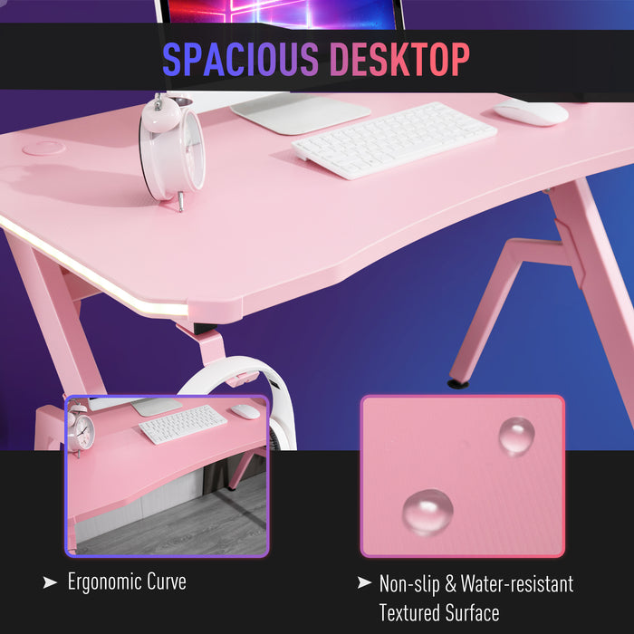 Ergonomic Racing Gaming Desk with RGB LED Lighting - Pink Home Office Computer Workstation with Controller Rack and Cable Management - Designed for Gamers and Streamlined Workspace