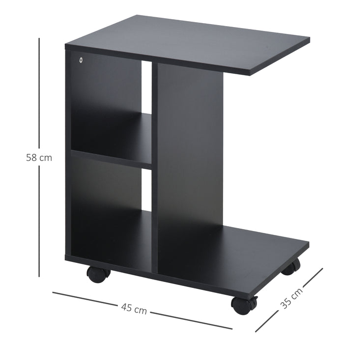 C-Shape Mobile End Table - Unique Storage Unit with Dual Shelves and 4 Rolling Wheels - Versatile Freestanding Cabinet for Home Office and Studio Use, Black