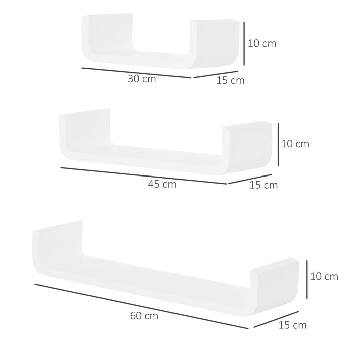 U Shaped Display Shelves - Set of 3, White Floating Wall Mounts - Contemporary Storage Solution for Home & Office