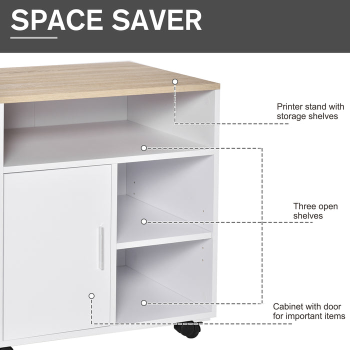 Multi-Functional Mobile Printer Stand with Wheels - Spacious Office Desk Side Organizer, Oak Finish, 60x50x65.5 cm - Ideal for Workspace Storage & Mobility