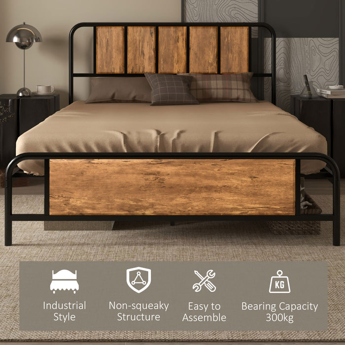 Double Bed Frame with Headboard and Footboard - Industrial-Style Steel Slat Base, Under-Bed Storage - Ideal for Rustic Bedroom Decor, 145 x 199cm