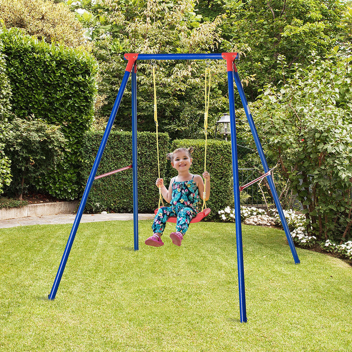 Heavy Duty Metal Swing Set with Adjustable Rope Seat - A-Frame Outdoor Playset for Backyard Fun - Ideal for Kids Aged 6-12, Vibrant Blue