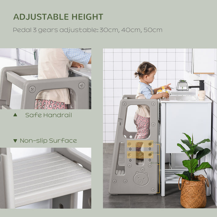 Toddler Kitchen Helper Stool - Adjustable 3-Level Standing Platform for Kids - Counter Height Learning Tower in Grey