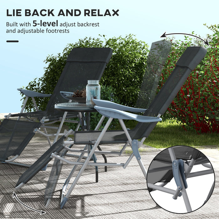 Outdoor Sun Lounger Set of 2 - Reclining Garden Chairs with Adjustable Footrest & 5-Level Backrest, Includes Headrest, Black - Perfect for Patio Relaxation & Comfort