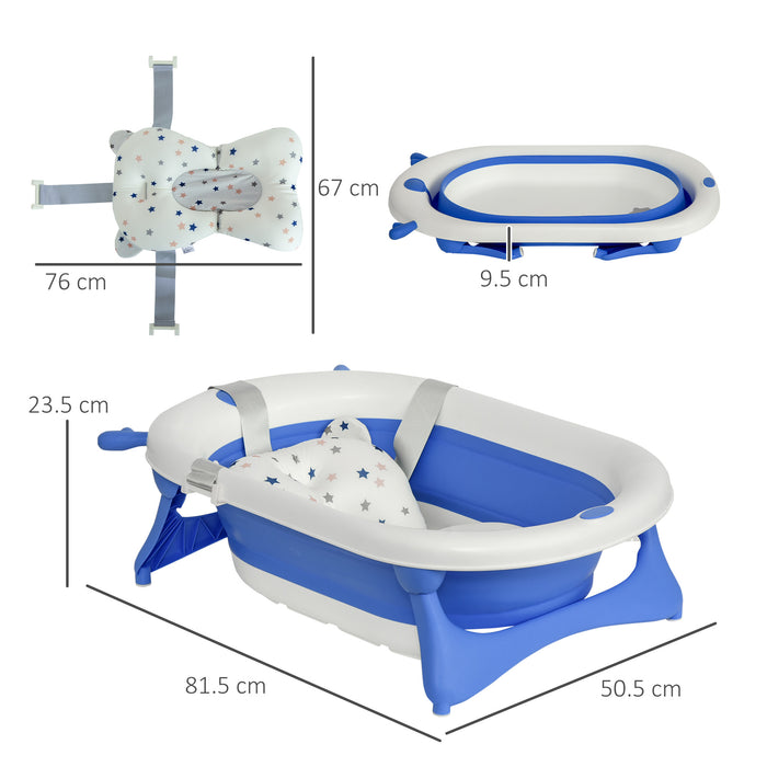 Foldable Ergonomic Baby Bath Tub with Cushion - Temperature-Sensitive Plug, Non-Slip Legs, Portable Design - Ideal for Infants 0-3 Years, Blue