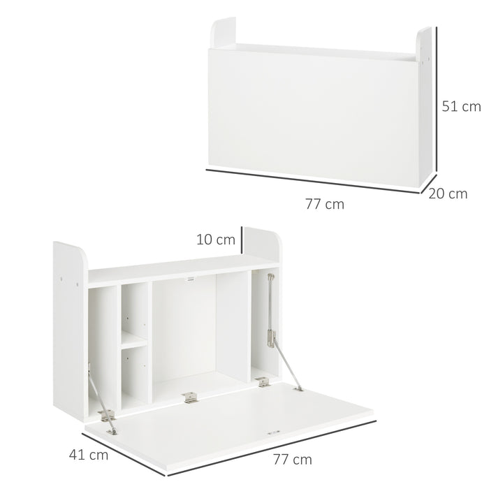 Space-Saving Wall Mounted Desk - Drop Leaf Floating Laptop Table with Storage Compartments, White - Ideal for Home Office and Study Organization