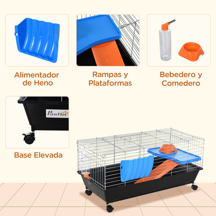 Small Animal 2-Tier Steel Cage with Accessories - Durable Habitat for Pets in Blue/Orange - Ideal for Hamsters, Gerbils, and Mice