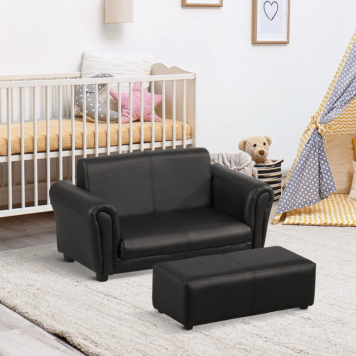 Kids Twin Sofa with Footstool - 2 Seater Toddler Chair in Black, Children's Double Seat Armchair - Perfect Couch for Boys and Girls Lounging and Play