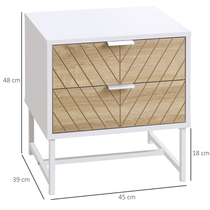 Modern White & Oak Bedside Table with 2 Drawers - Sturdy Metal Frame Sofa Side Table for Bedroom & Living Room - Elegant Storage Solution for Contemporary Home Decor