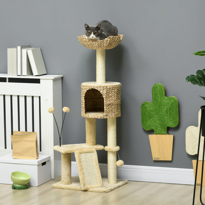 Deluxe Beige Cat Condo - Multilevel Scratching Post Tower with Cozy House, Cushioned Bed & Playful Toy Ball - Perfect Play & Rest Space for Felines