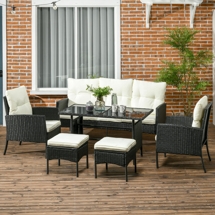 5-Seater Rattan Sofa Set - Wicker Armchairs, Footstools & Glass Table with Cushions - Ideal for Garden and Patio Comfort