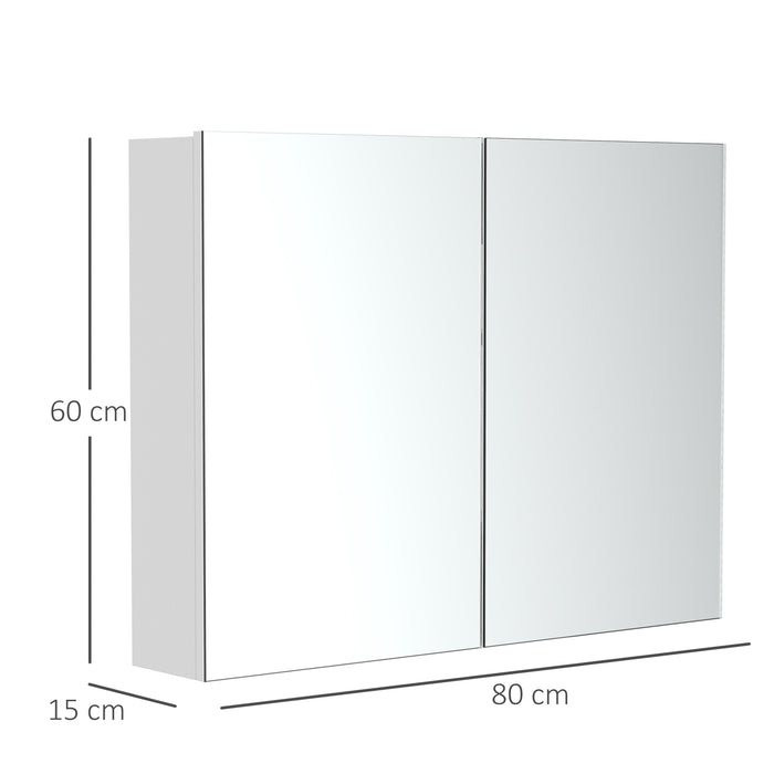 Double Door Mirrored Glass Cabinet - Wall Mounted Storage Unit with Wooden Frame, 80x60x15cm - Ideal Bathroom Shelf Organizer for Toiletries and Essentials