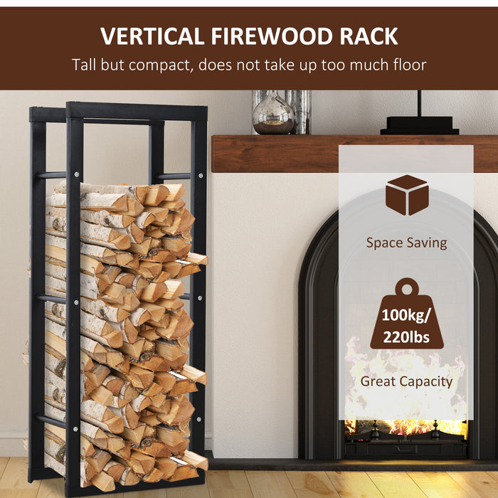 Heavy-Duty Metal Firewood Log Rack - Tall Indoor/Outdoor Storage Shelf with Protective Side Rails, Black - Optimize Fireplace Organization, 40W x 25D x 100H cm