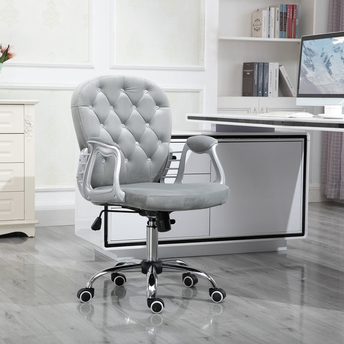 Ergonomic 360° Swivel Office Chair - Diamond Tufted Velour with Padded Base & 5 Castor Wheels - Comfortable Seating for Home Office Workers in Grey